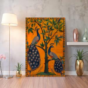 Indian Style Peacocks & Mango Tree Canvas Print, Unique Madhubani Inspired Art, Contemporary Artwork for Wall Decor, Ideal Housewarming Gift - photo #5