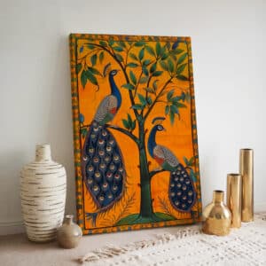 Indian Style Peacocks & Mango Tree Canvas Print, Unique Madhubani Inspired Art, Contemporary Artwork for Wall Decor, Ideal Housewarming Gift - photo #1