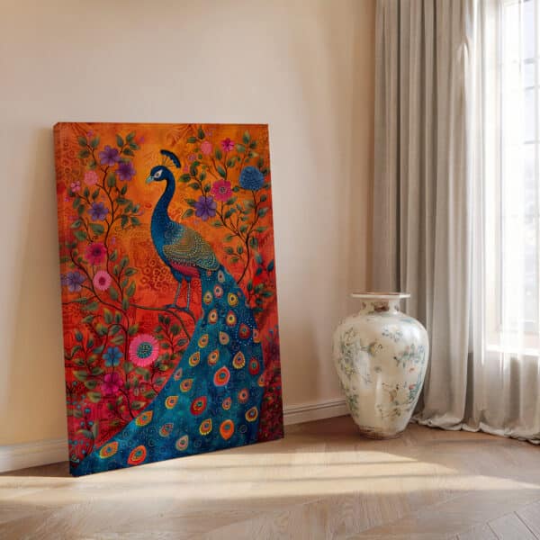 Indian Folk Art Style Peacock and Flowers Print on Canvas, Bright Madhubani Inspired Wall Art for Floral Office Decor, Distinctive Gift Idea