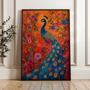 Elegant Indian Folk Art Style Peacock and Flowers Print, Vibrant Madhubani Wall Decor for Home, Cultural Housewarming and Wedding Gift
