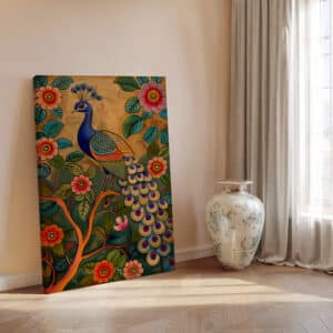 Peacock on Tree Branch Artwork Inspired by Pichwai Art Canvas, Gold Accent Indian Folk Art Style Wall Décor for Living Room & Housewarming Gift - photo #5