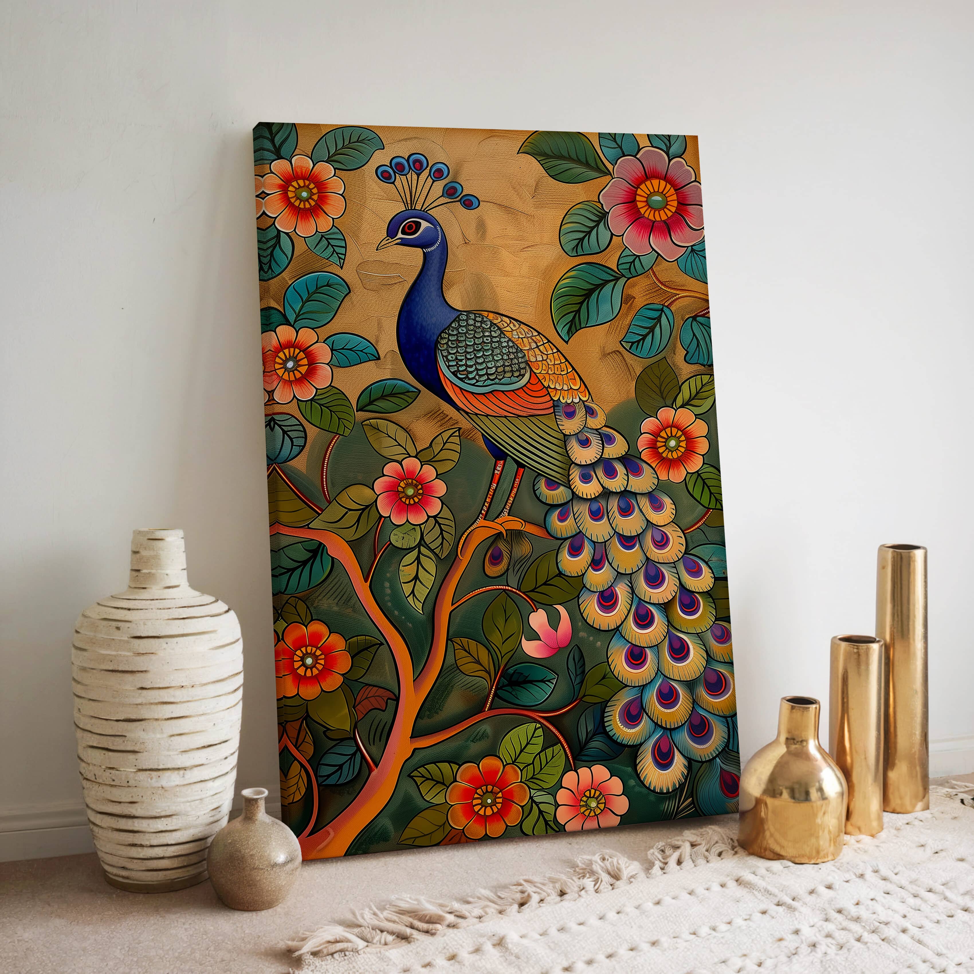 Peacock on Tree Branch Artwork Inspired by Pichwai Art Canvas, Gold Accent Indian Folk Art Style Wall Décor for Living Room & Housewarming Gift