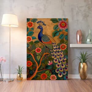 Peacock on Tree Branch Artwork Inspired by Pichwai Art Canvas, Gold Accent Indian Folk Art Style Wall Décor for Living Room & Housewarming Gift - photo #3