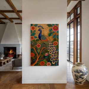 Peacock on Tree Branch Artwork Inspired by Pichwai Art Canvas, Gold Accent Indian Folk Art Style Wall Décor for Living Room & Housewarming Gift - photo #1