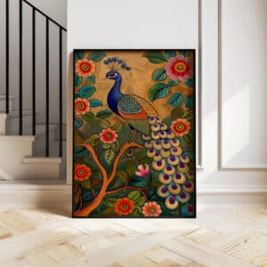 Indian Folk Art Style Print Peacock on Tree Branch, Decorative Gold Accent Pichwai Artwork Perfect for Living Room, Unique Wedding Gift - photo #6