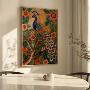 Indian Folk Art Style Print Peacock on Tree Branch, Decorative Gold Accent Pichwai Artwork Perfect for Living Room, Unique Wedding Gift - photo #1