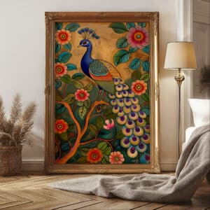 Indian Folk Art Style Print Peacock on Tree Branch, Decorative Gold Accent Pichwai Artwork Perfect for Living Room, Unique Wedding Gift - photo #2