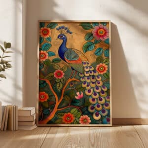 Indian Folk Art Style Print Peacock on Tree Branch, Decorative Gold Accent Pichwai Artwork Perfect for Living Room, Unique Wedding Gift - photo #8