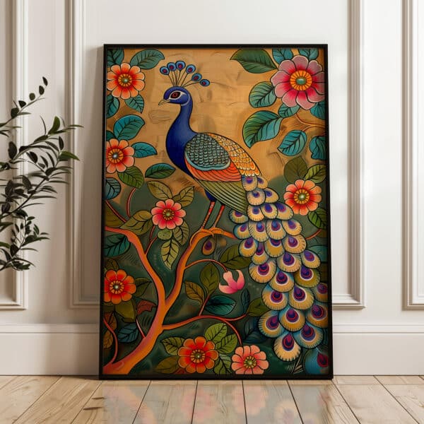 Indian Folk Art Style Print Peacock on Tree Branch, Decorative Gold Accent Pichwai Artwork Perfect for Living Room, Unique Wedding Gift