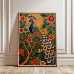 Indian Folk Art Style Print Peacock on Tree Branch, Decorative Gold Accent Pichwai Artwork Perfect for Living Room, Unique Wedding Gift - photo #3