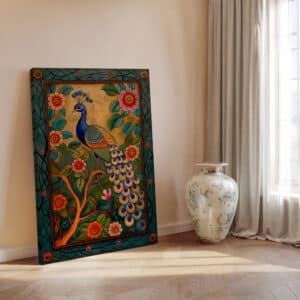 Peacock and Flowers Wall Art, Bright Pichwai Style Print for Living Room, Vibrant Indian Themed Artwork Ideal for Weddings or Home Decor - photo #3