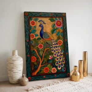 Peacock and Flowers Wall Art, Bright Pichwai Style Print for Living Room, Vibrant Indian Themed Artwork Ideal for Weddings or Home Decor - photo #1