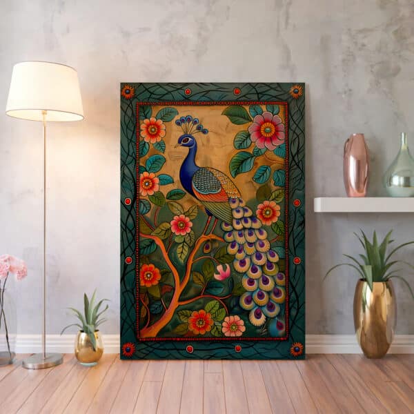 Peacock and Flowers Wall Art, Bright Pichwai Style Print for Living Room, Vibrant Indian Themed Artwork Ideal for Weddings or Home Decor