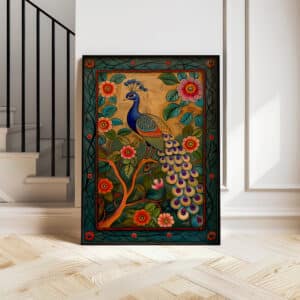 Indian Art Style Print, Peacock and Flowers Artwork, Vibrant Madhubani and Pichwai-Inspired Wall Art for Home Decoration, Wedding Gift - photo #7