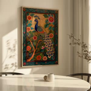 Indian Art Style Print, Peacock and Flowers Artwork, Vibrant Madhubani and Pichwai-Inspired Wall Art for Home Decoration, Wedding Gift - photo #1