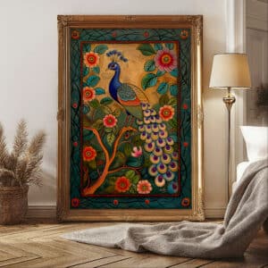 Indian Art Style Print, Peacock and Flowers Artwork, Vibrant Madhubani and Pichwai-Inspired Wall Art for Home Decoration, Wedding Gift