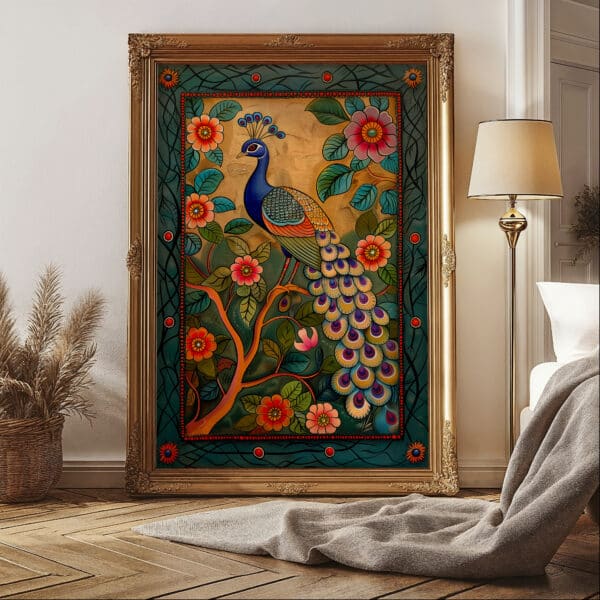 Indian Art Style Print, Peacock and Flowers Artwork, Vibrant Madhubani and Pichwai-Inspired Wall Art for Home Decoration, Wedding Gift