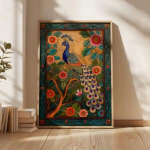 Indian Art Style Print, Peacock and Flowers Artwork, Vibrant Madhubani and Pichwai-Inspired Wall Art for Home Decoration, Wedding Gift - photo #8