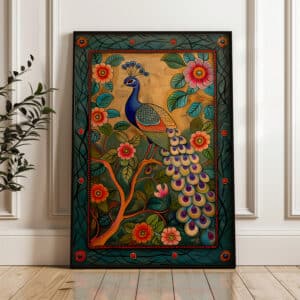 Indian Art Style Print, Peacock and Flowers Artwork, Vibrant Madhubani and Pichwai-Inspired Wall Art for Home Decoration, Wedding Gift - photo #3