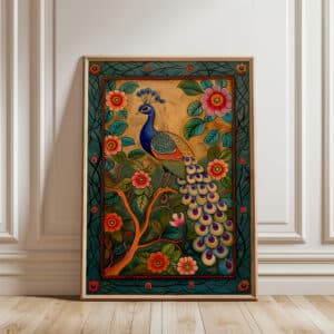 Indian Art Style Print, Peacock and Flowers Artwork, Vibrant Madhubani and Pichwai-Inspired Wall Art for Home Decoration, Wedding Gift - photo #2