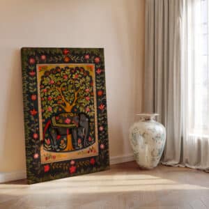 Elephant and Mango Tree Print on Canvas, Black Wall Decor Inspired by Traditional Indian Folk Art, Perfect for Living Room or Unique Housewarming Gift - photo #2