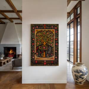 Elephant and Mango Tree Print on Canvas, Black Wall Decor Inspired by Traditional Indian Folk Art, Perfect for Living Room or Unique Housewarming Gift - photo #3