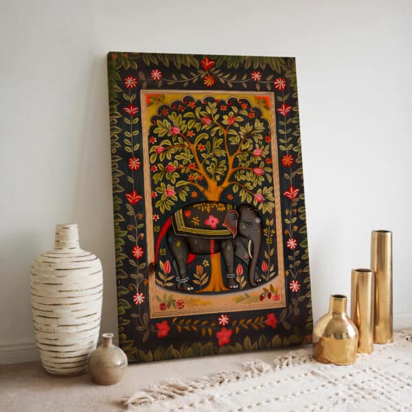 Elephant and Mango Tree Print on Canvas, Black Wall Decor Inspired by Traditional Indian Folk Art, Perfect for Living Room or Unique Housewarming Gift