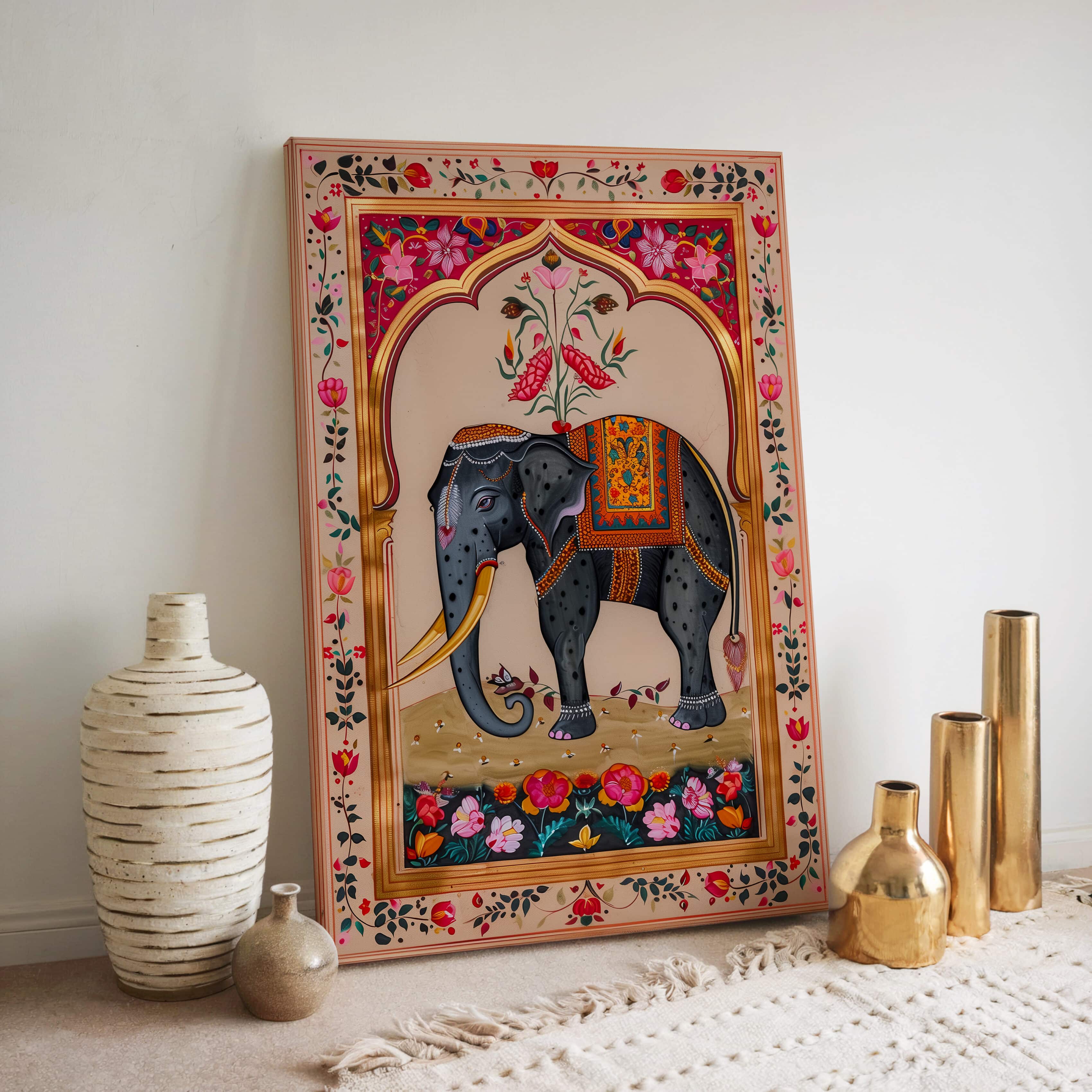 Vibrant Pink Elephant Canvas Print, Colorful Indian Folk Art and Madhubani Style Wall Decor for Home, Unique Gift for Art Lovers