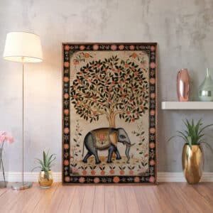 Beige & Black Elephant Print on Canvas in Style of Indian Art, Elegant Madhubani & Mughal Motif Style Artwork for Living Room, Thoughtful Gift - photo #3