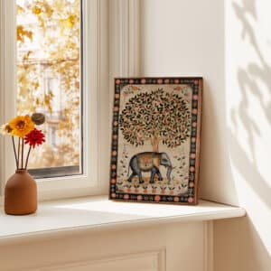 Beige & Black Elephant Print on Canvas in Style of Indian Art, Elegant Madhubani & Mughal Motif Style Artwork for Living Room, Thoughtful Gift - photo #5