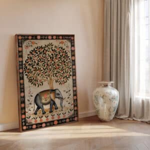 Beige & Black Elephant Print on Canvas in Style of Indian Art, Elegant Madhubani & Mughal Motif Style Artwork for Living Room, Thoughtful Gift - photo #4