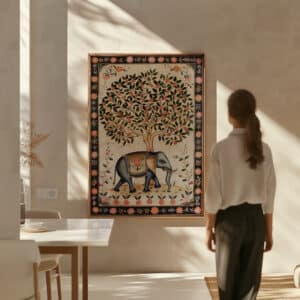 Beige & Black Elephant Print on Canvas in Style of Indian Art, Elegant Madhubani & Mughal Motif Style Artwork for Living Room, Thoughtful Gift - photo #1