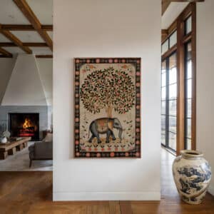 Beige & Black Elephant Print on Canvas in Style of Indian Art, Elegant Madhubani & Mughal Motif Style Artwork for Living Room, Thoughtful Gift - photo #6