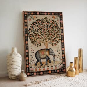 Beige & Black Elephant Print on Canvas in Style of Indian Art, Elegant Madhubani & Mughal Motif Style Artwork for Living Room, Thoughtful Gift - photo #2