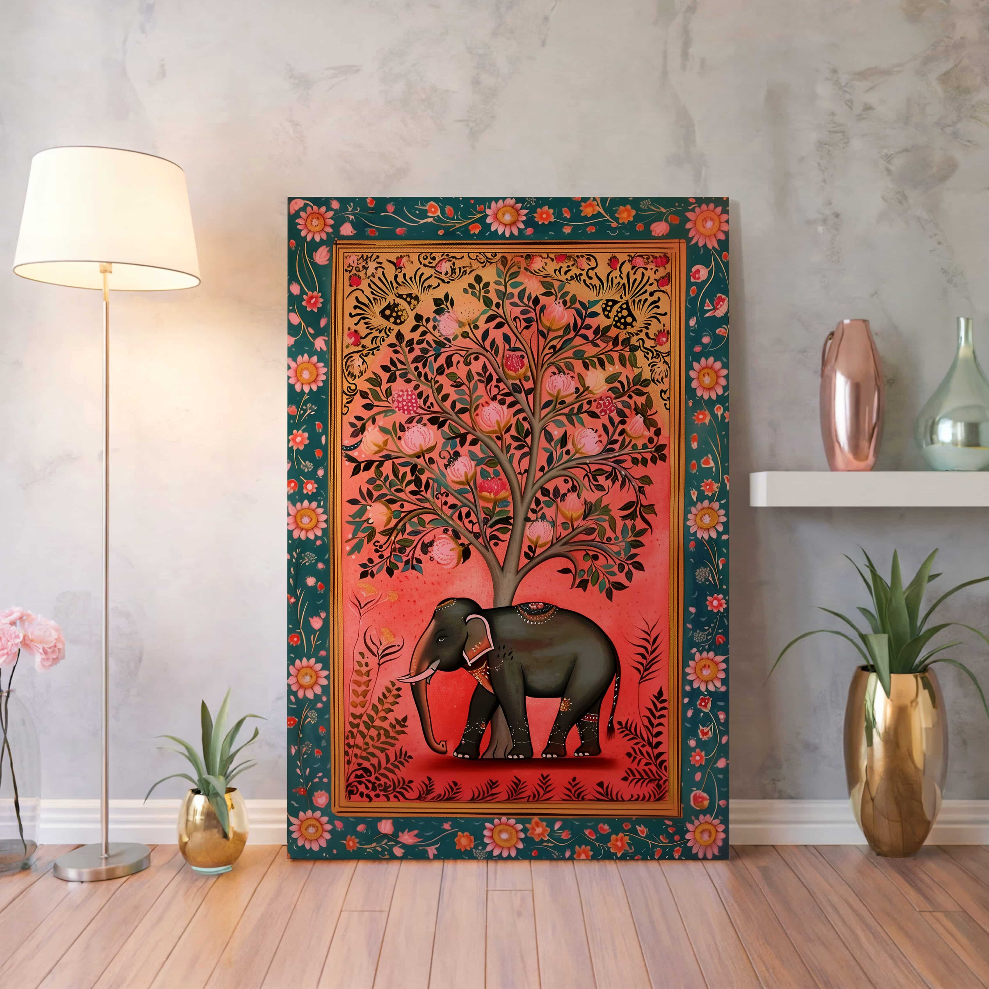 Vibrant Pink Elephant Canvas Print, Colorful Madhubani & Indian Folk Art Style Wall Decor for Living Room, Unique Gift for Art Lovers