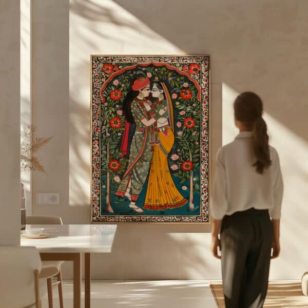 Indian Radha Krishna Canvas Wall Art, Traditional Hindu & Madhubani Painting Style Print, Perfect for Home Decor, Wedding or Spiritual Gifts