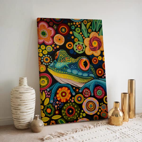 Bold Floral Frog Canvas in Style of Canadian Indigenous Art, Colorful Maximalist & Aboriginal Themed Wall Decor for Home or Housewarming Gift