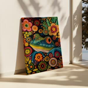 Bold Floral Frog Canvas in Style of Canadian Indigenous Art, Colorful Maximalist & Aboriginal Themed Wall Decor for Home or Housewarming Gift - photo #7