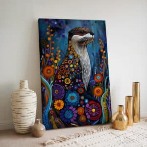 Blue Floral Beaver Canadian Indigenous Inspired Canvas, Bold Aboriginal Style Artwork for Maximalist Home Decor, Unique Gift for Culture Lovers