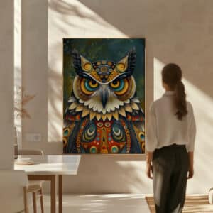 Colorful Owl Canadian Aboriginal Inspired Artwork, Unique Native Print on Canvas for Contemporary Decor, Ideal Housewarming Gift Wall Art