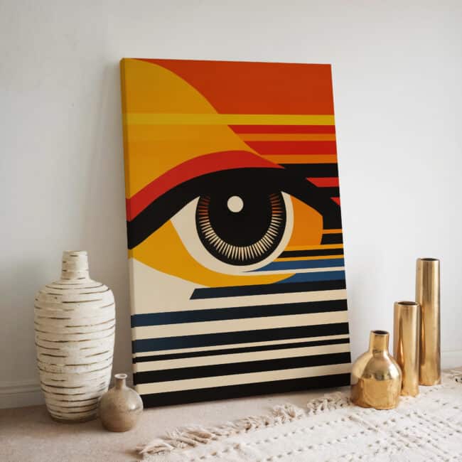 Colorful MCM Geometric Watching Eye Bauhaus Style Art Canvas, Framed Mid Century Modern and Retro Wall Decor, Artistic Print Gift for Homeowners