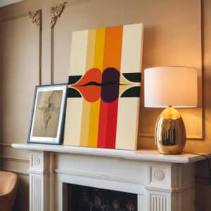 Kissing Lips Bauhaus Inspired Art Canvas, Colorful Geometric Wall Art for MCM Modern Home Decor Gift, Stylish Mid Century Retro Print