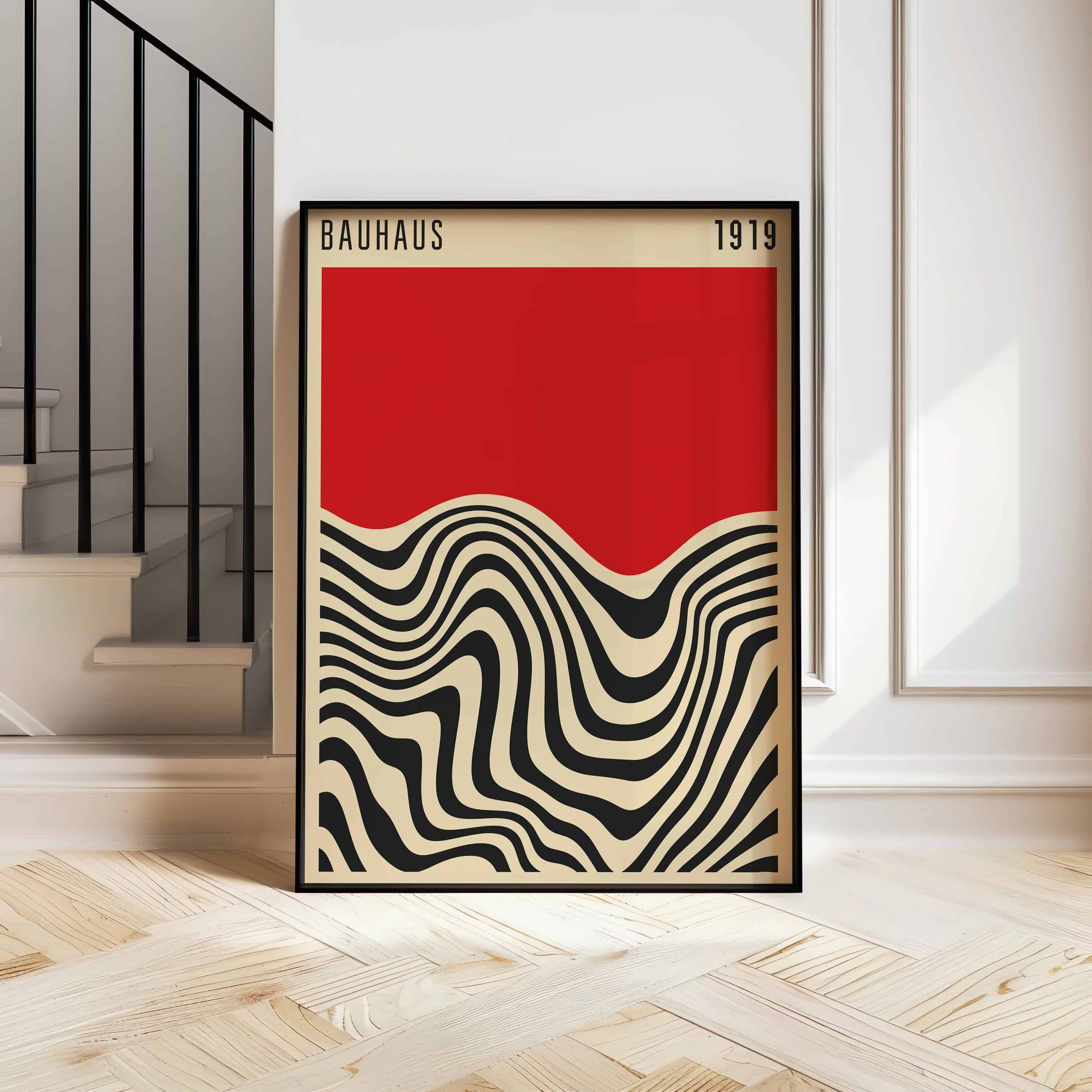 Cherry Red Bauhaus 1919 Inspired Wall Art Print, Vibrant Retro Geometric Print Design for Elegant Home Decor and Unique Artwork Gift