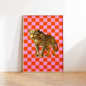 Gold Leopard & Red Pink Checkerboard Maximalist Wall Art, Bold Dopamine Statement Piece for Modern Aesthetic Rooms, Unique Interior Design Gift