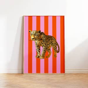 Dopamine Striped Gold Leopard Artwork, Kitsch Maximalist Print Wall Art Perfect for Preppy Colorful Interiors, Great Gift for Modern Homes