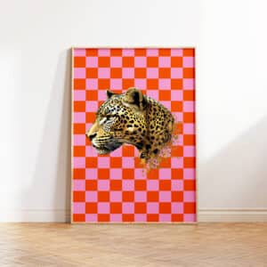 Kitsch Checkered Dopamine Pink & Gold Leopard Print, Whimsical Maximalist Statement Art for Eclectic Decor, Great Gift for Housewarming Parties