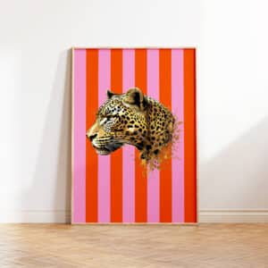 Striped Pink Gold Leopard Maximalist Wall Art, Vibrant Dopamine Preppy Print for Eclectic Home Decor, Perfect Gift for Kitsch Art Enthusiasts