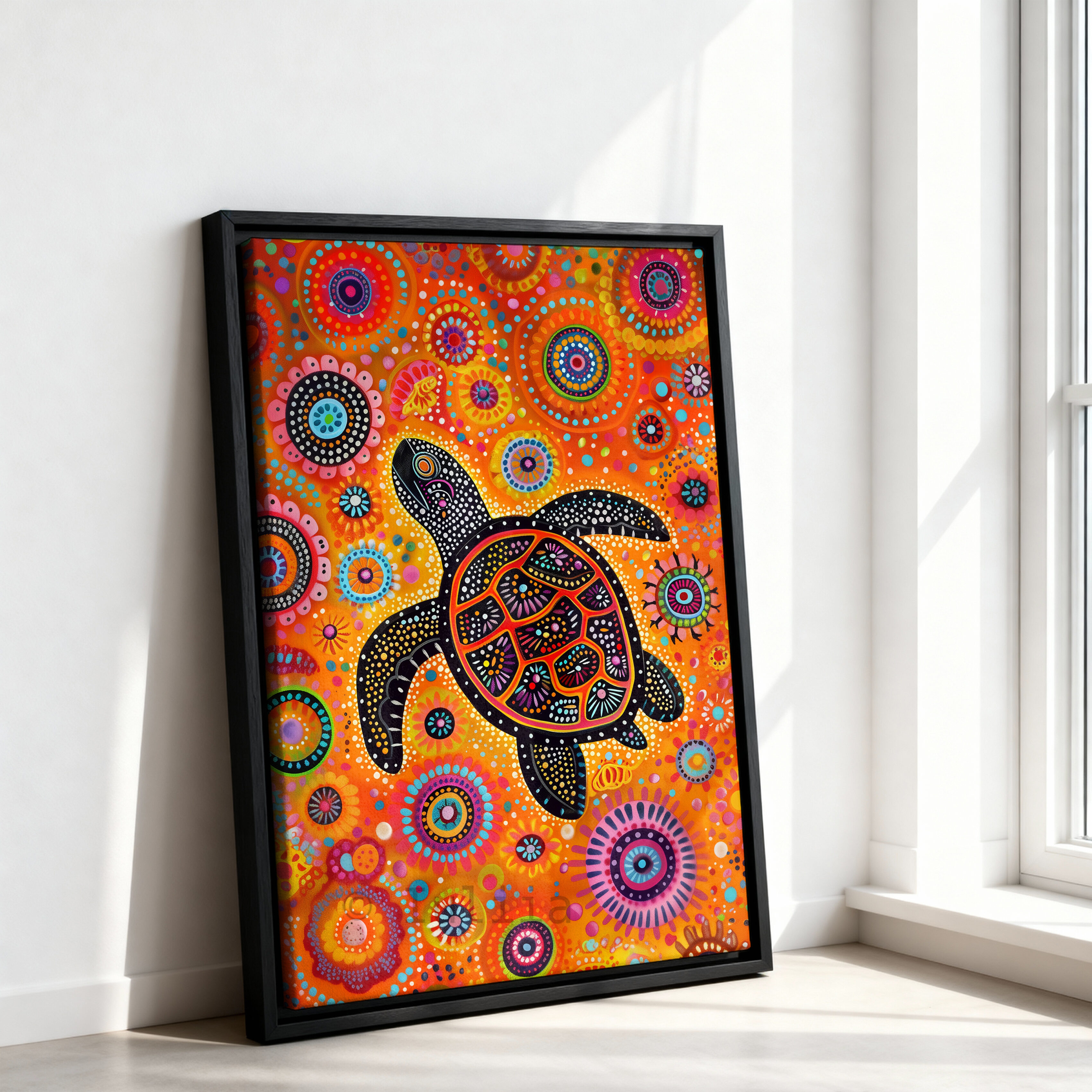 Whimsical Turtle Canvas in Aboriginal Dot Painting Style – Bold Ocean-Inspired Artwork in Playful Colors for Vibrant Home or Nursery Decor - photo #7
