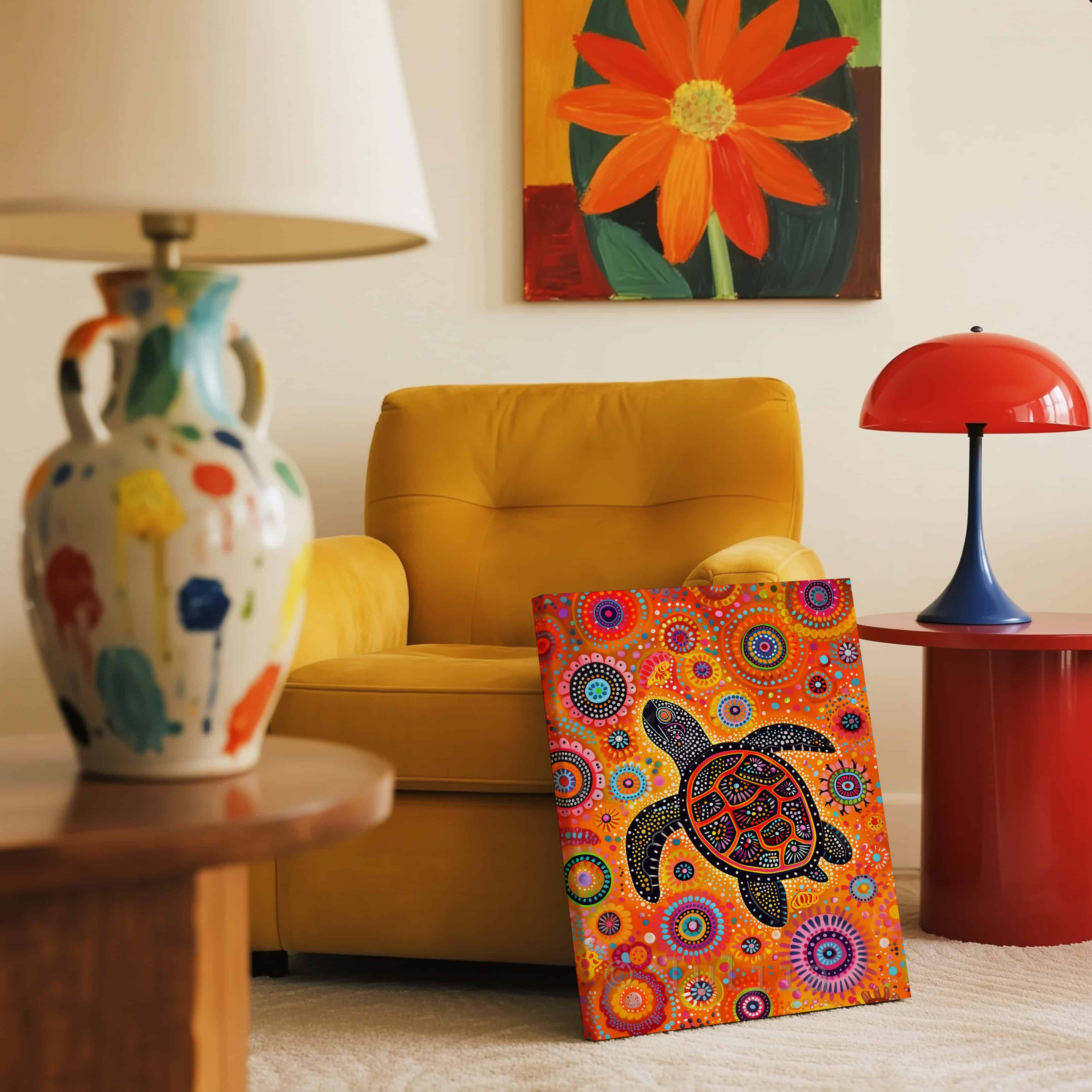 Whimsical Turtle Canvas in Aboriginal Dot Painting Style – Bold Ocean-Inspired Artwork in Playful Colors for Vibrant Home or Nursery Decor - photo #11