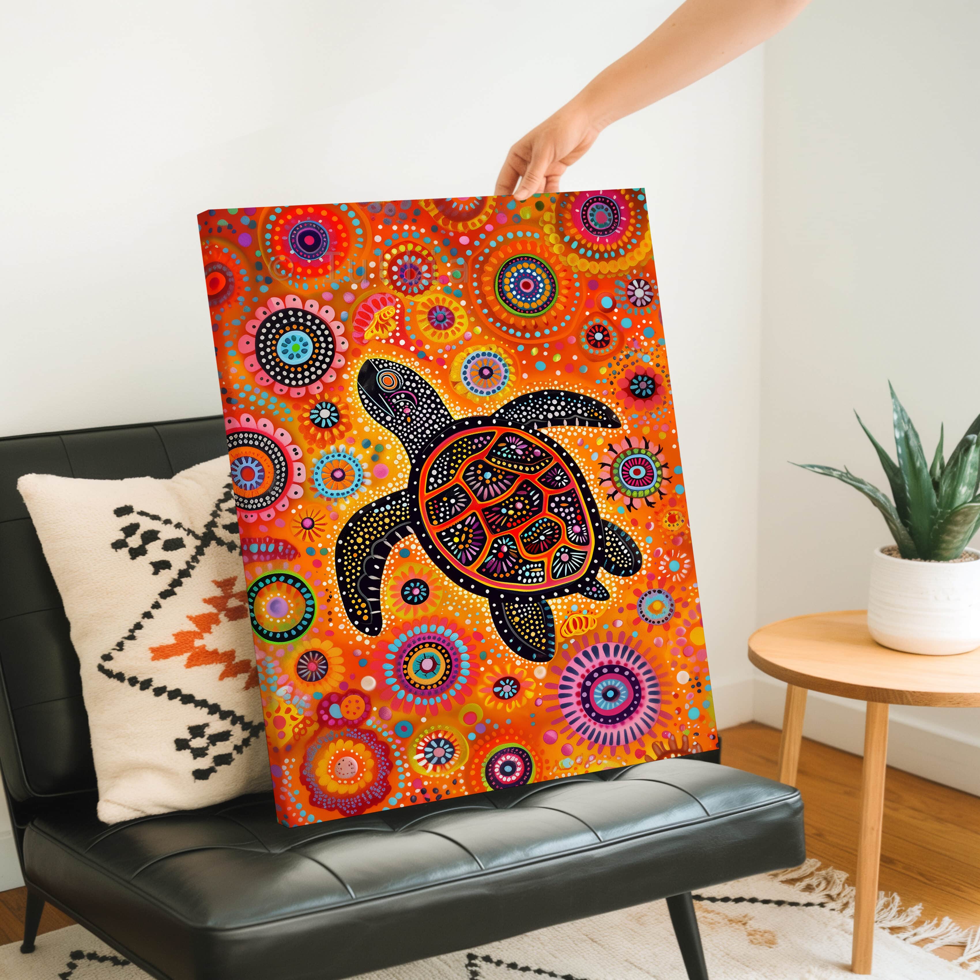 Whimsical Turtle Canvas in Aboriginal Dot Painting Style – Bold Ocean-Inspired Artwork in Playful Colors for Vibrant Home or Nursery Decor - photo #4